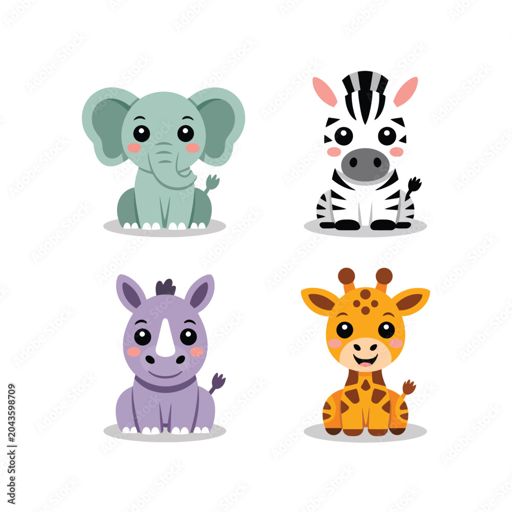 Fototapeta premium Savanna Baby Animals With Elephant Zebra Rhino And Giraffe, Cute Style, Sticker Pack, Flat Vector Icons, Clipart Collection, Decorative Elements