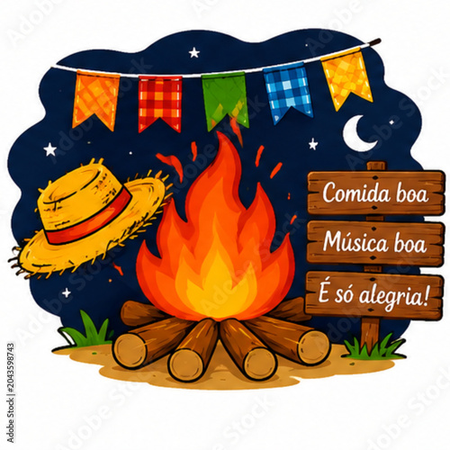 A colorful cartoon illustration of a campfire at night with a sign