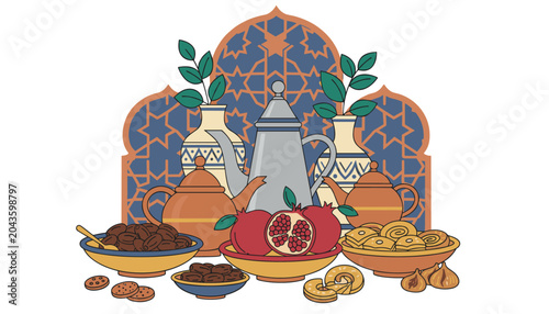 Traditional ramadan food dates sweets and teapots illustration