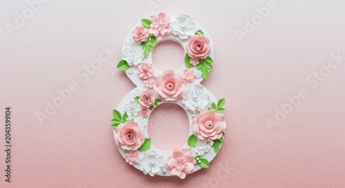 Number eight shape created from decorative floral elements and pink paper flowers