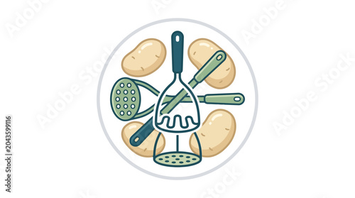 Bild auf Leinwand Illustration of potato mashers and raw potatoes arranged in a circular composition