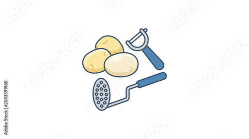 Foto A set of raw potatoes with a vegetable peeler and a potato masher tool