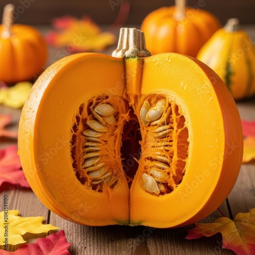 Fresh halved pumpkin with seeds inside on wooden background with autumn maple leaves