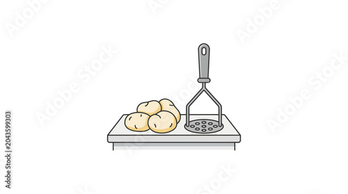 Foto A hand drawn illustration of a potato masher and several potatoes on a cutting board