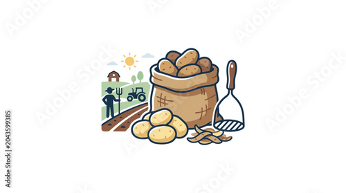 Принти на полотні A burlap sack filled with fresh potatoes next to a potato masher.