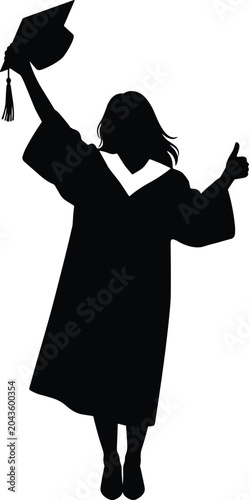 Graduation, student, silhouette, woman, celebrate, success, degree, university, education, college, vector, illustration, graphic, isolated, background, black, white, hat, cap, female