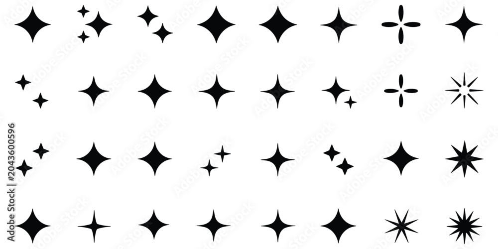 Fototapeta premium Sparkle star icon set vector isolated black shiny sparkles collection glittering glow effect symbol