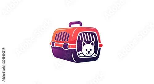 Colorful cat carrier with white kitten.