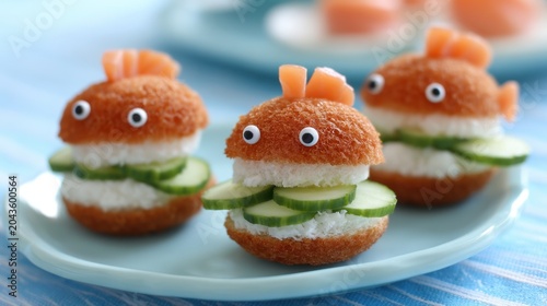 Creative and Fun Fish-Shaped Snacks for Children, Delicious Bites with Rice, Cucumbers, and Fish Topping