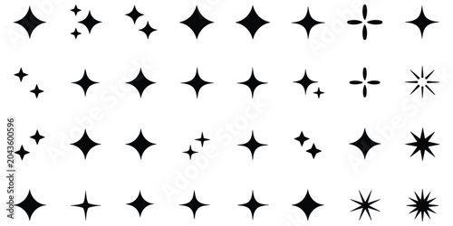 Sparkle star icon set vector isolated black shiny sparkles collection glittering glow effect symbol