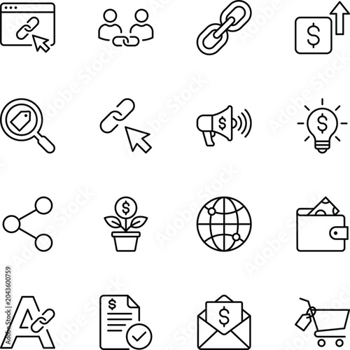 Affiliate marketing and digital business monetization outline icon set