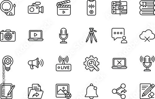 Video production and digital content creation outline line icon set