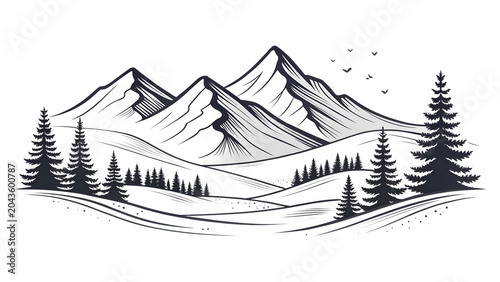Stylized mountain range with pine trees and colorful abstract landscape elements isolated on a transparent background