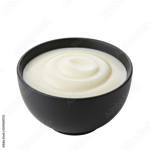 Smooth creamy yogurt in a stylish black bowl isolated on white background