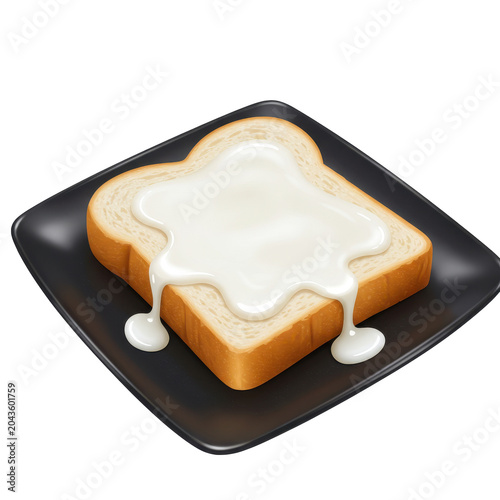 Drizzled sweetened condensed milk on golden toast slice on black plate isolated on white background