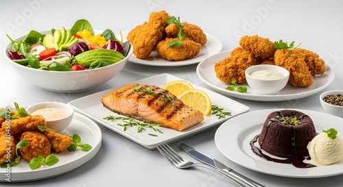 Assorted healthy gourmet meals arranged on white table with fresh salad and dessert