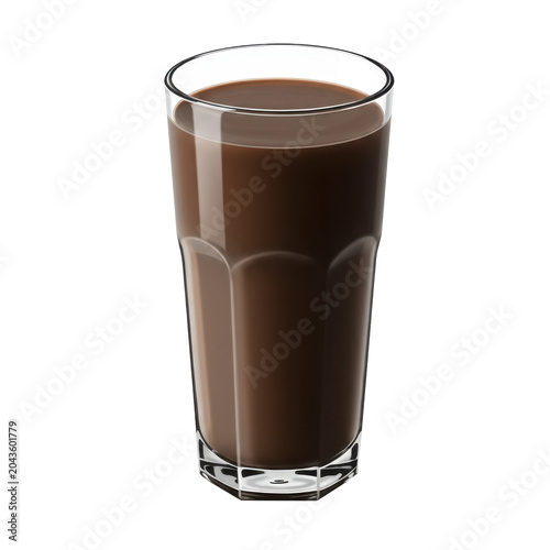 Tall glass of chocolate milk with geometric base and reflections isolated on white background