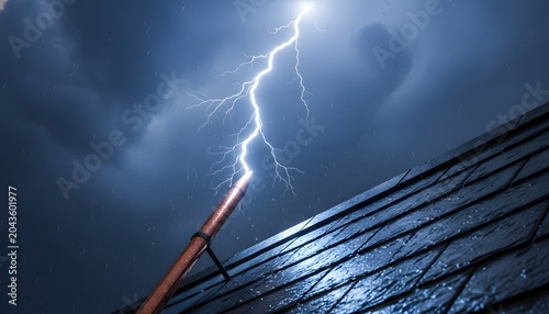 Electric bolt of lightning hitting a copper lightning rod on a wet shingle roof during a dark night rain storm for home safety and surge protection concept