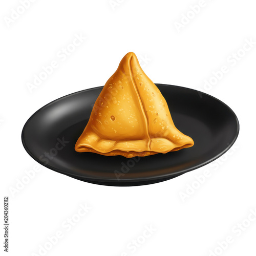 Crispy golden samosa on a dark plate isolated on white background