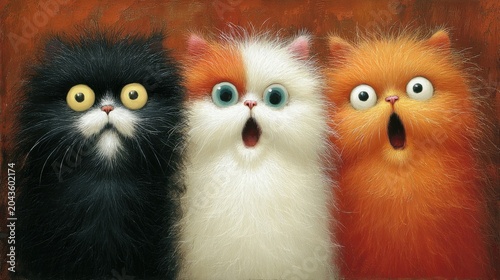 Three Adorable Cats with Surprised Expressions Captivating Hearts with Playful and Whimsical Charm