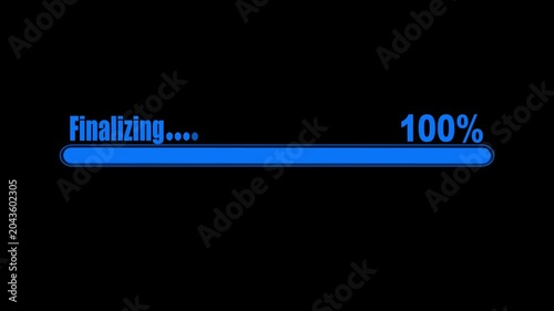 Blue finalizing progress bar 100 percent complete on black background loading
