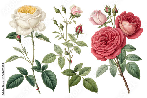 Collection of antique roses in various stages of bloom with green leaves and thorny stems isolated on a transparent background