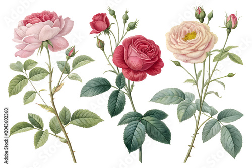 Three detailed botanical illustrations of roses in pink red and cream with green leaves and buds isolated on a transparent background