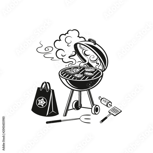 Barbecue Grill Cooking Food Outdoors with Utensils and Shopping Bag
