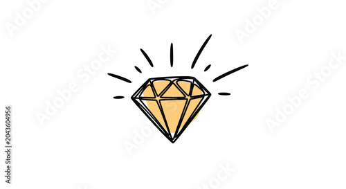 Sketchy hand drawn illustration of a sparkling yellow diamond gem with rays of light emanating from it on a white background.