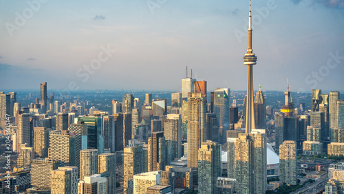 Photography Helicopter Perspective. Toronto Skyline Bathed in Sunset Glow