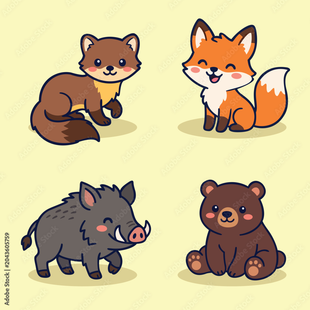 Fototapeta premium Cute Red Fox and Bear Woodland Animal Mascot Vector Set