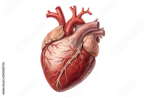 Anatomical human heart with visible arteries and veins on a white background isolated on a transparent background