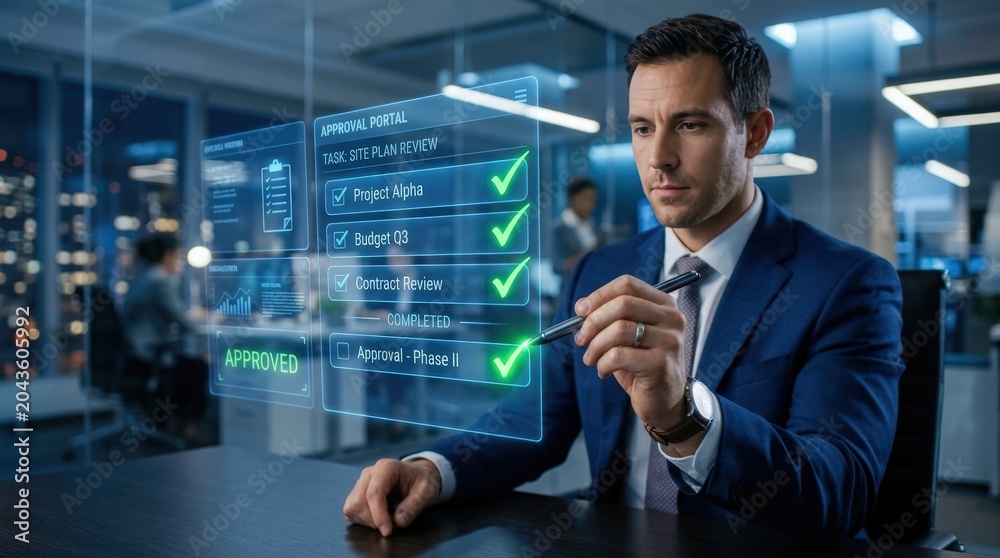 Obraz premium Business professional in navy suit using stylus to approve digital documents