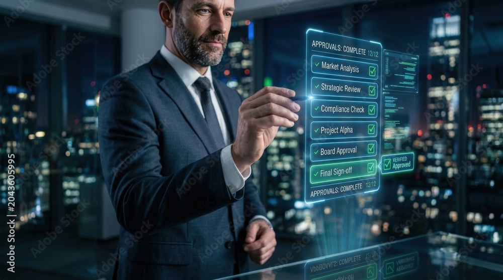 Fototapeta premium Business executive finalizing digital approvals on futuristic checklist in office at night