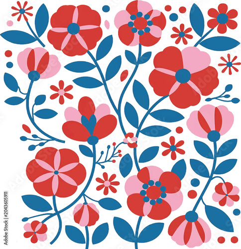 PrintStylized Folk Art Floral Illustration with Red and Pink Poppies