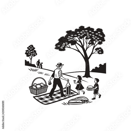 Family Enjoying a Picnic in a Sunny Park with Trees and Rolling Hills