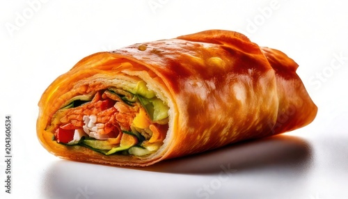 Delicious vegetable spring roll with crispy wrapper on white background.