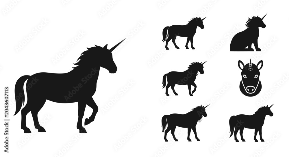 Obraz premium Diverse Collection of Mystical Unicorn Silhouettes Elegant Graphic Elements Capturing the Spirit of Fantasy, Magic, and Legendary Creatures in Various Poses for Creative Design Projects