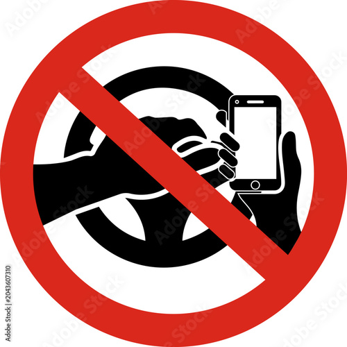 No texting while driving sign with hand holding smartphone and steering wheel icon