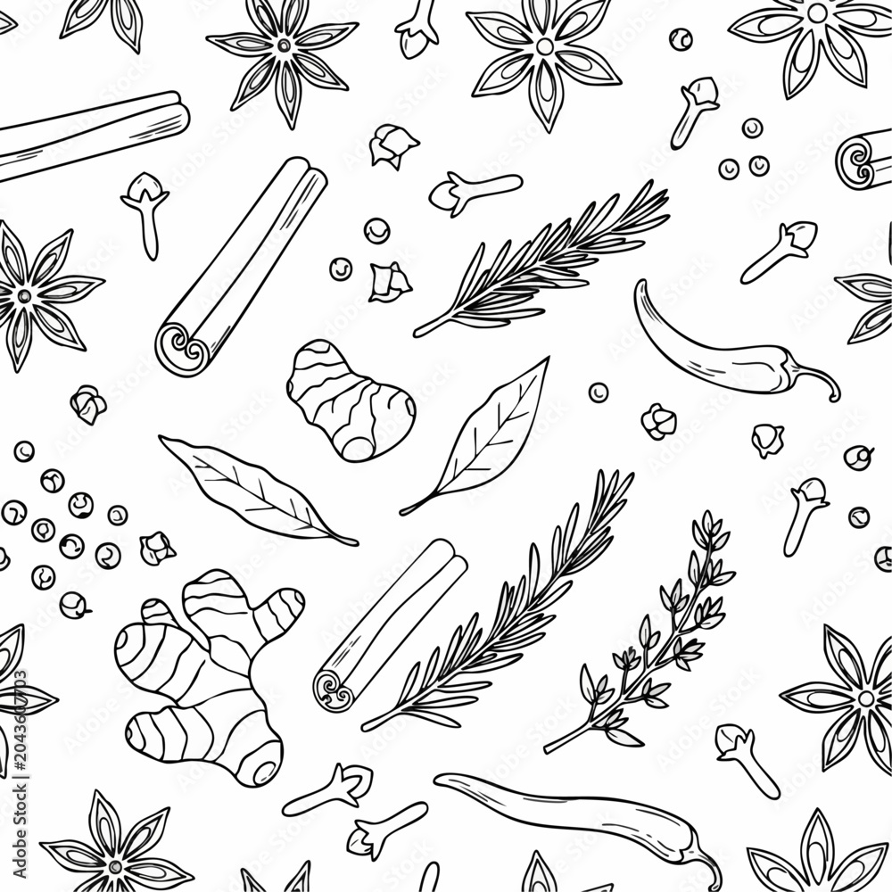 Fototapeta premium Seamless pattern with hand drawn aromatic spices and herbs.