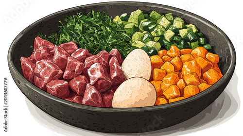A dark bowl filled with raw dog food ingredients including diced meat eggs and vegetables isolated on a transparent background