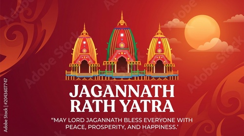 Happy Jagannath Rath Yatra Vector Illustration, Traditional Chariot Festival Banner with Sun Background, Religious Hindu Celebration Graphic