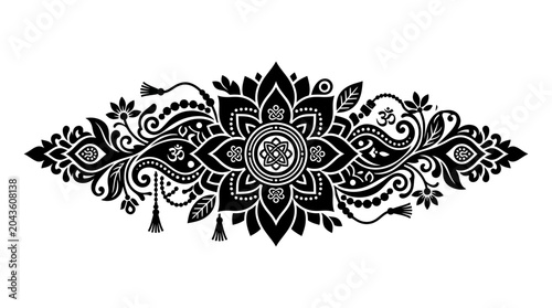 Intricate black and white mandala floral ornament design.