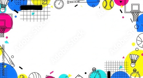 Energetic sports frame with abstract shapes and icons, graphic design, white space.