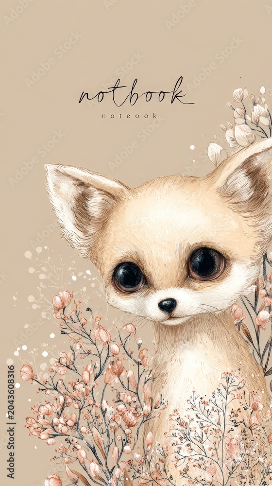 Naklejka premium Soft chihuahua puppy gazes with gentle, wide eyes. Pastel branches bloom around the puppy's curious face. Handwritten 