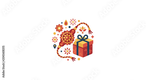 Foto Decorative Rakhi bracelet and a wrapped gift box for Raksha Bandhan celebration