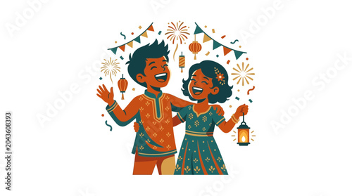 Schilderij op canvas Happy young boy and girl celebrating a festive occasion together.