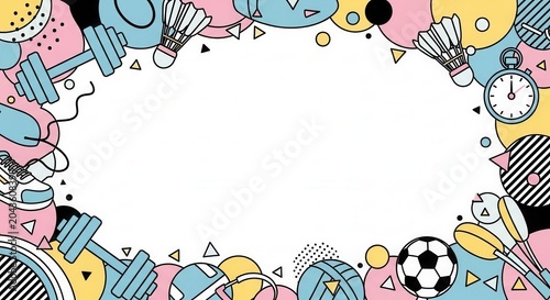 Memphis style sports border with colorful doodle fitness equipment and workout icons design.
