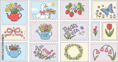 Fotografie Spring and Easter Themed Vintage Postage Stamp Illustration Set