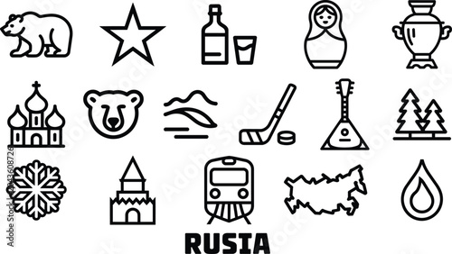 Foto Cultural heritage icons set including a bear, matryoshka, samovar, and winter-th